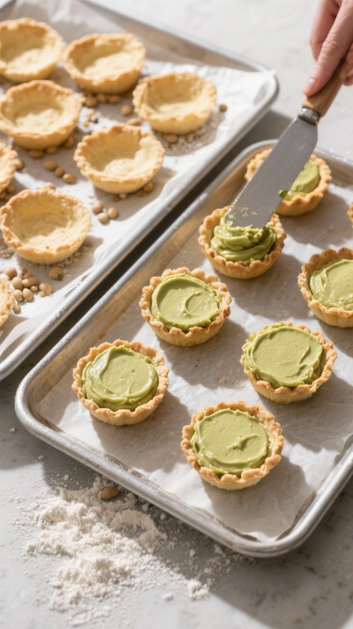 Cooking process: Overhead shot of tartlet shells being blind baked and then filled—half the tray s