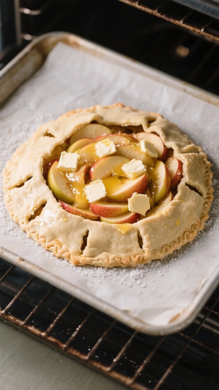 Cooking process: Overhead shot of the assembled apple pie right before baking—apples mounded sligh