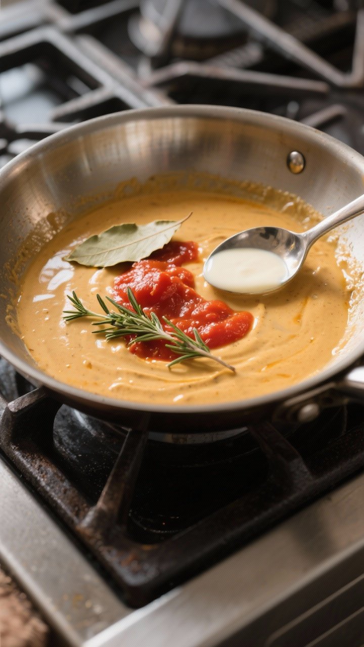 Cooking process: Overhead shot of the creamy sauce reduction stage in a wide sauté pan—golden-bro