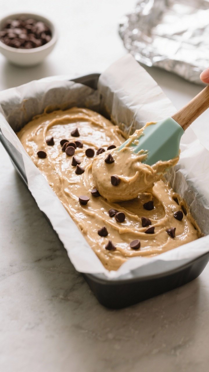Cooking process: Overhead shot of the glossy, thick banana bread batter being smoothed into a parchm