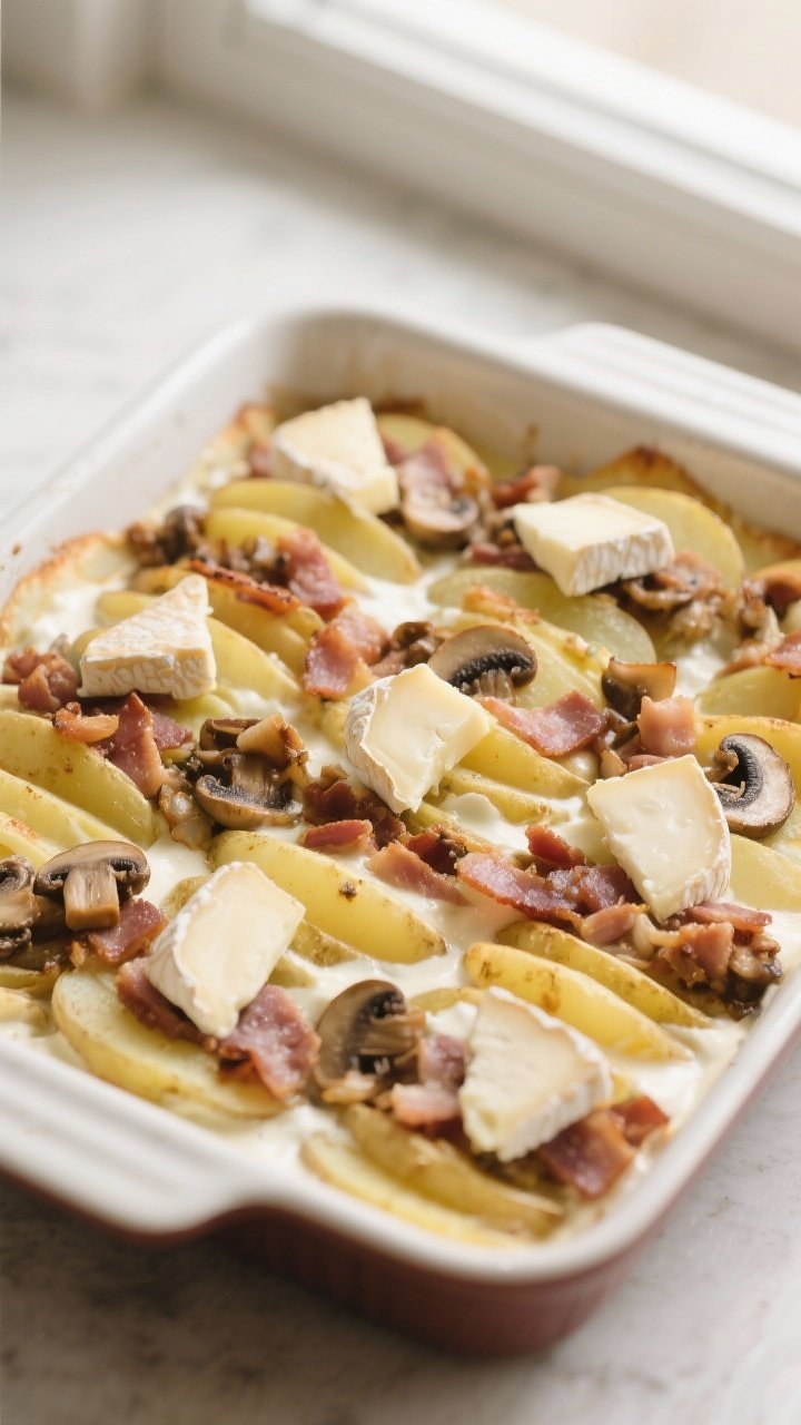 Cooking process: Overhead shot of the layered tartiflette just before baking—parcooked Yukon Gold 