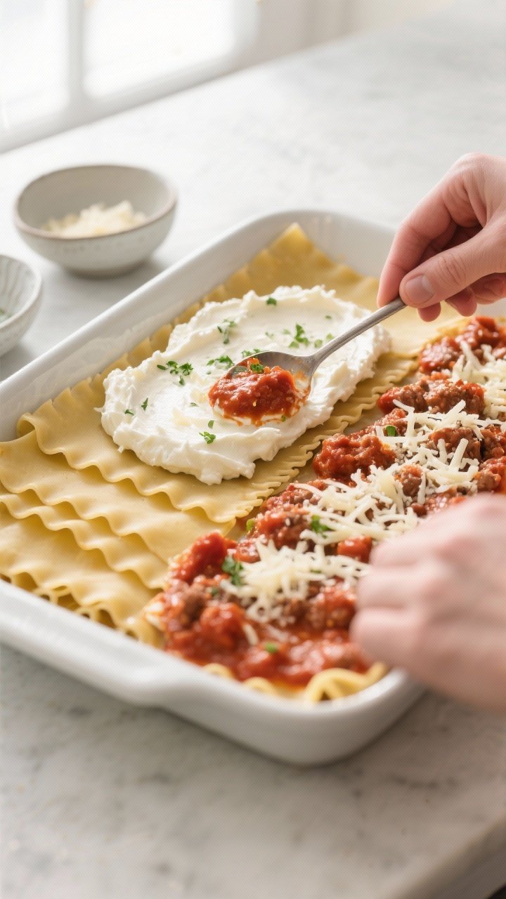 Cooking process: Overhead shot of the layering step in a 9x13 baking dish—al dente lasagna noodles