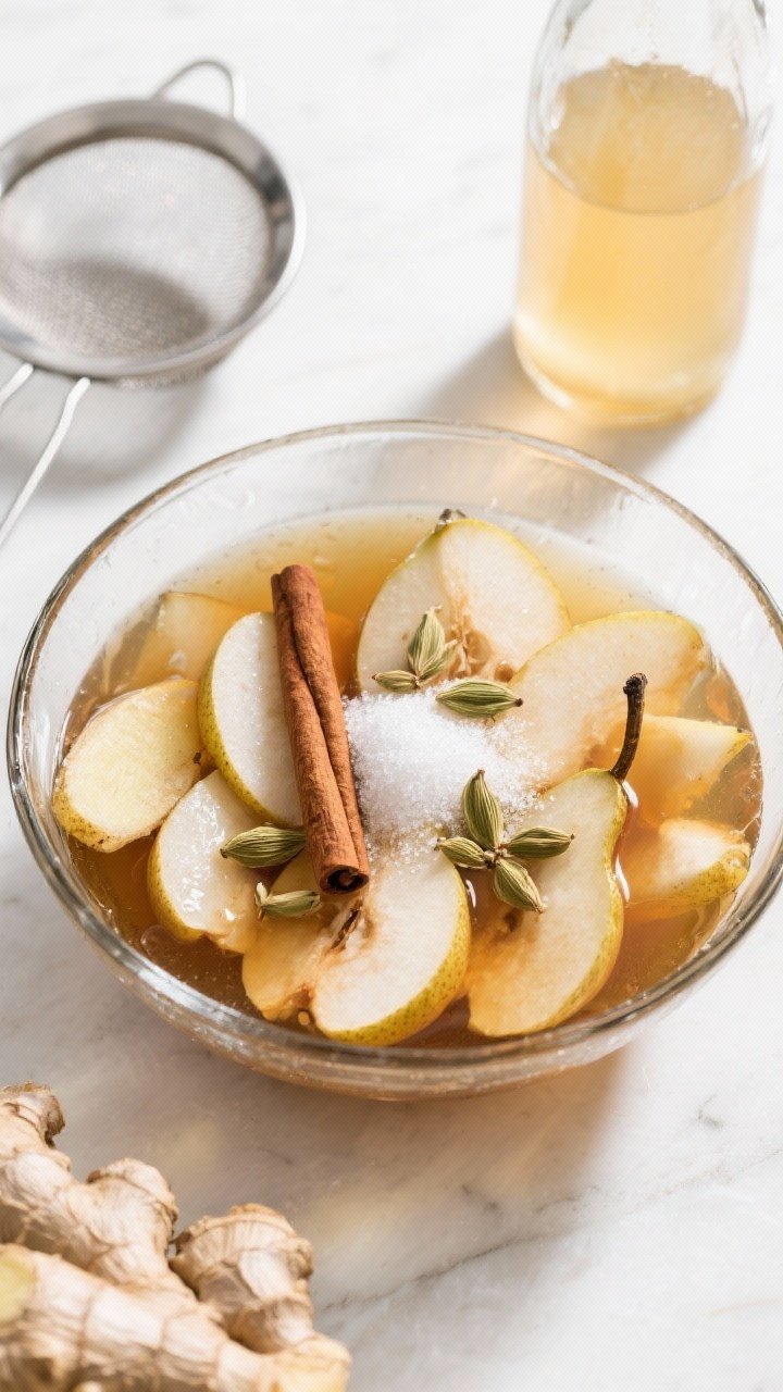 Cooking process: Overhead shot of the maceration reveal—pear-sugar-spice mixture just after the ov