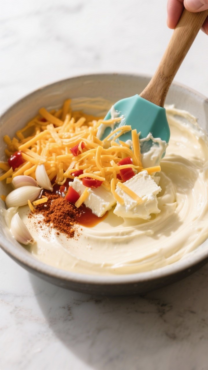 Cooking process: Overhead shot of the mixing stage in a medium bowl—smooth, well-blended base of m