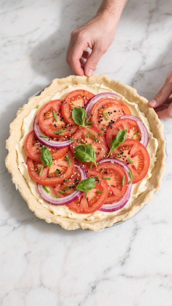 Cooking process: Overhead shot of the par-baked pie crust being filled with neatly layered, well-dra
