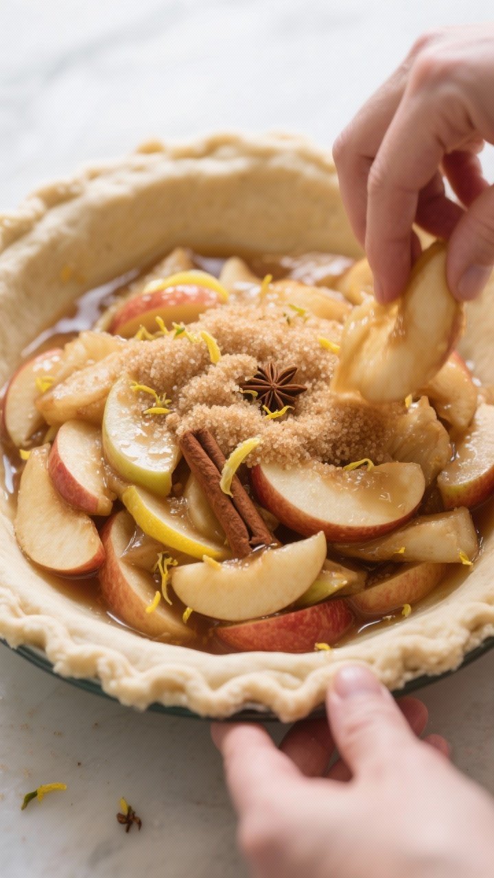 Cooking process: Overhead shot of the pie filling being mounded into the bottom crust-lined pie dish