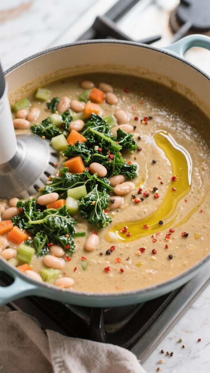Cooking process: Overhead shot of the soup just after a few immersion blender pulses, capturing the 