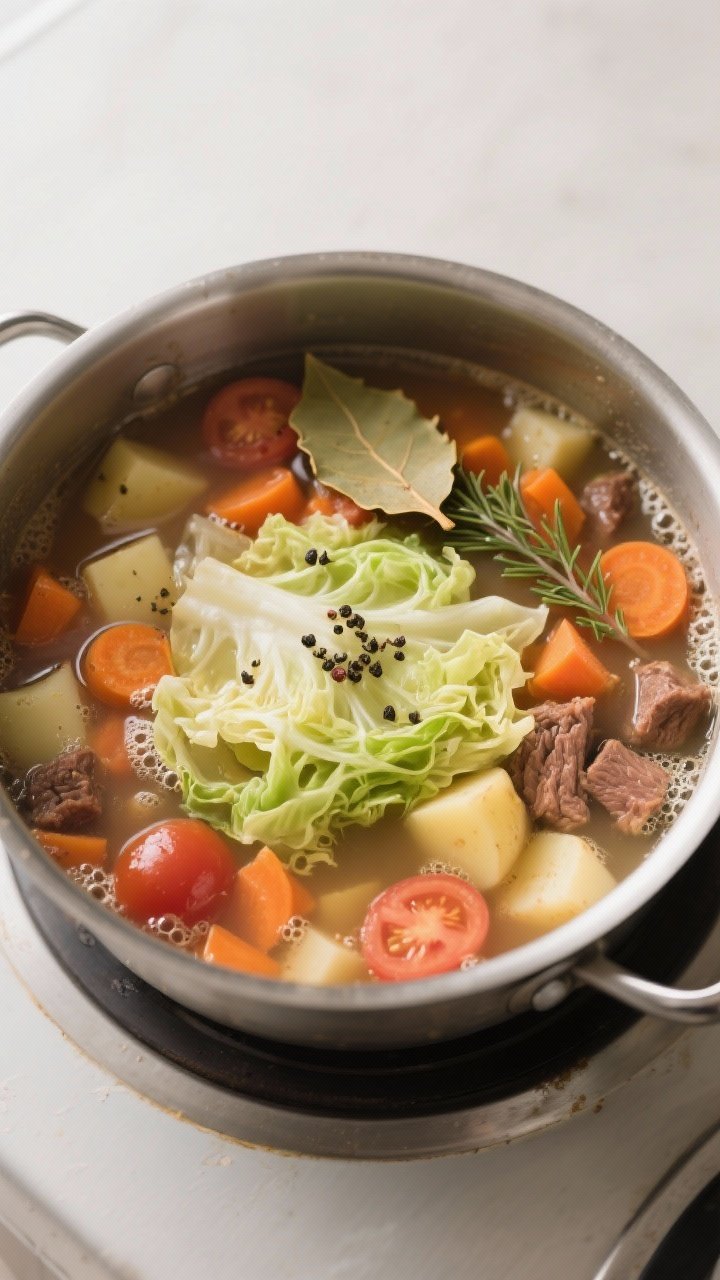 Cooking process: Overhead shot of the soup mid-simmer just after cabbage has been added—vibrant wi