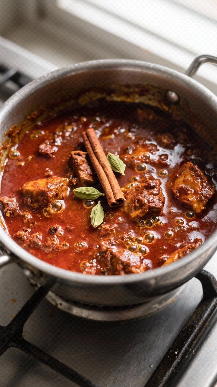 Cooking process: Overhead shot of the vindaloo mid-simmer after deglazing, showing a saucy, brick-re