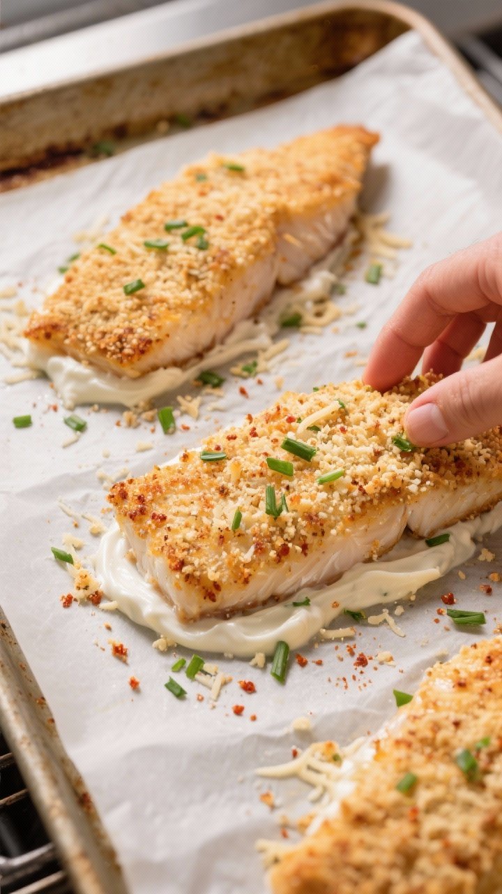 Cooking process: Overhead shot of tilapia fillets on a parchment-lined sheet pan, thin mayo/Greek yo