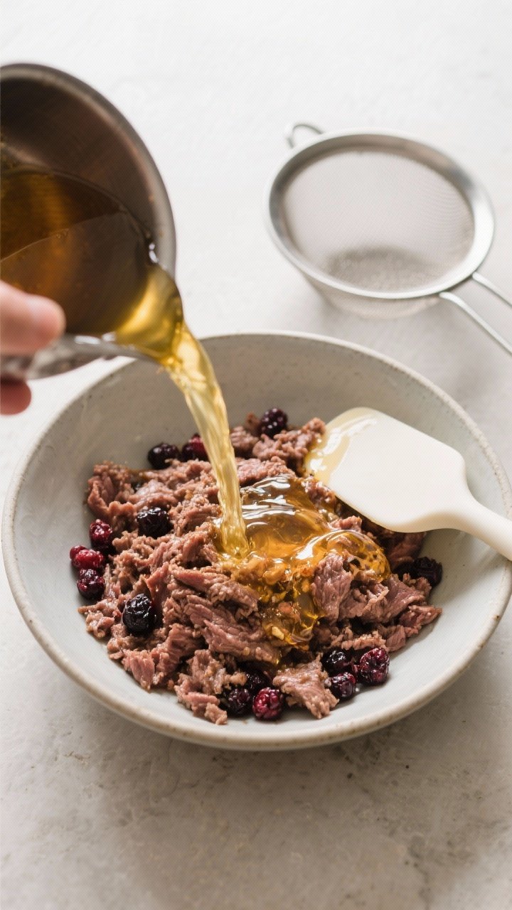 Cooking process: Overhead shot of warm tallow being poured from a small saucepan into a bowl of grou