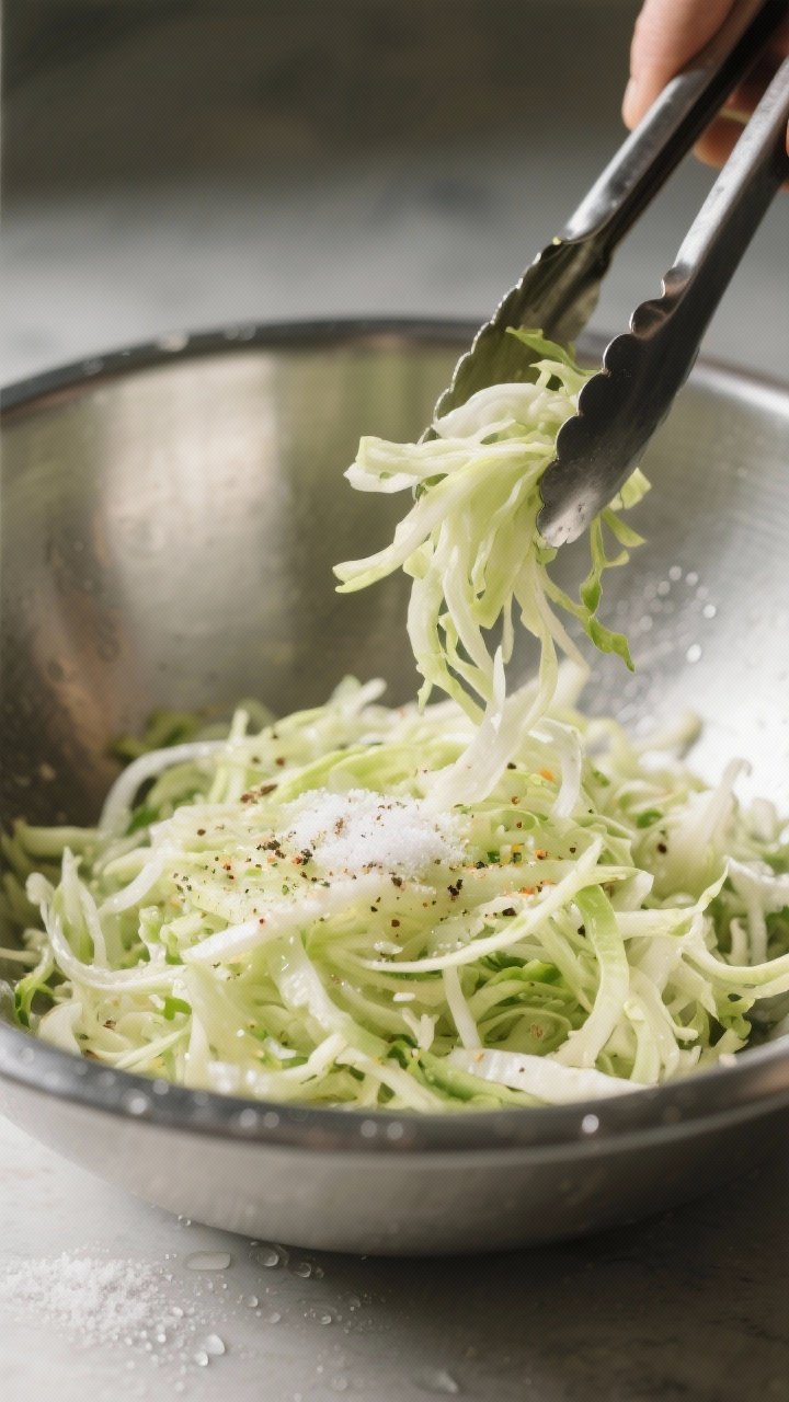 Cooking process: Seasoned slaw base resting in a wide stainless mixing bowl after the initial salt s