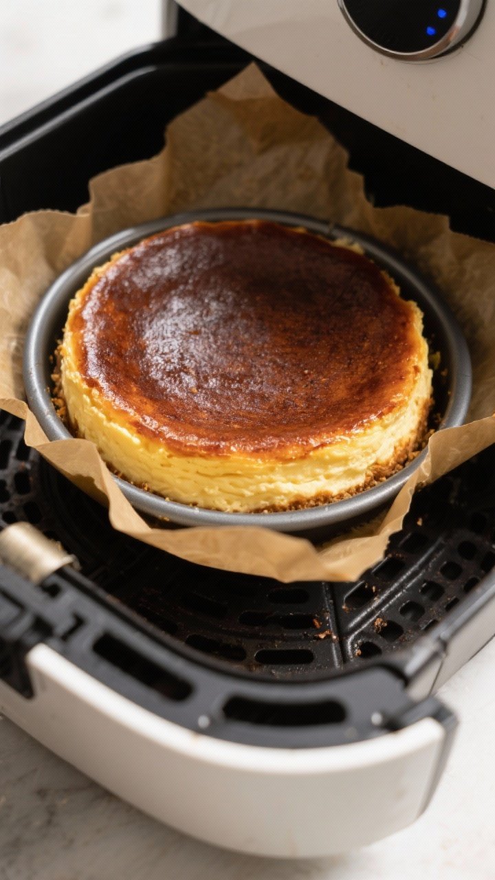 Cooking process shot: Overhead view of the cheesecake in the air fryer basket at 400°F, parchment o