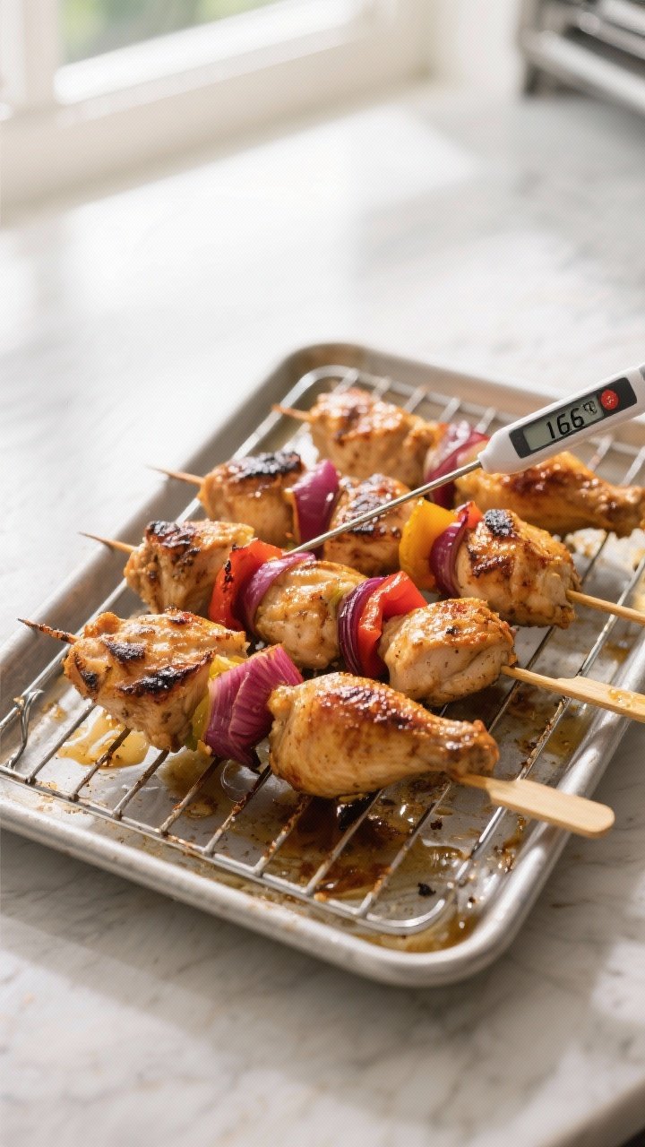 Cooking process: Skewers roasting on a rack set over a sheet pan in a 425°F oven, golden-brown chic