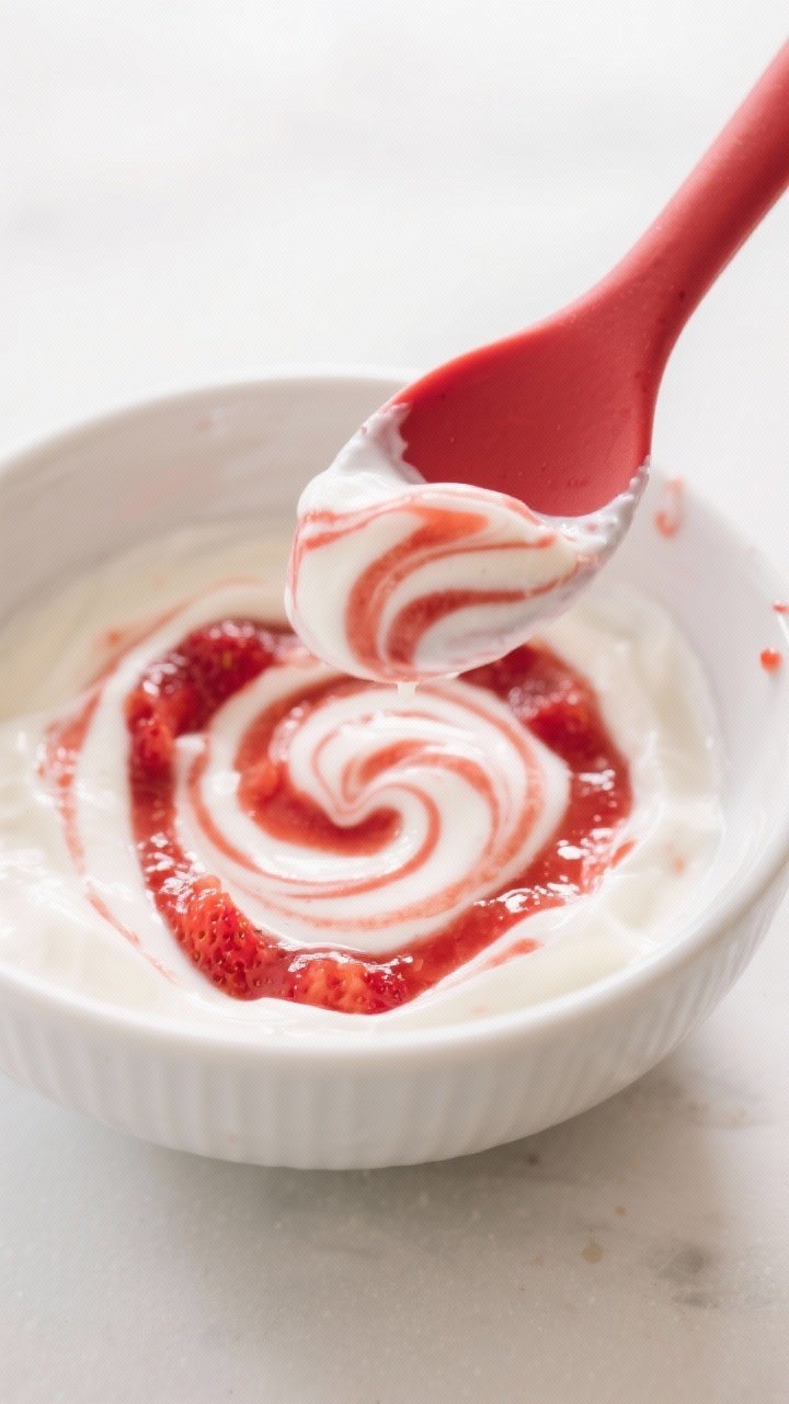 Cooking process: Strawberry Swirl variation—yogurt dip in a white ceramic bowl with visible streak