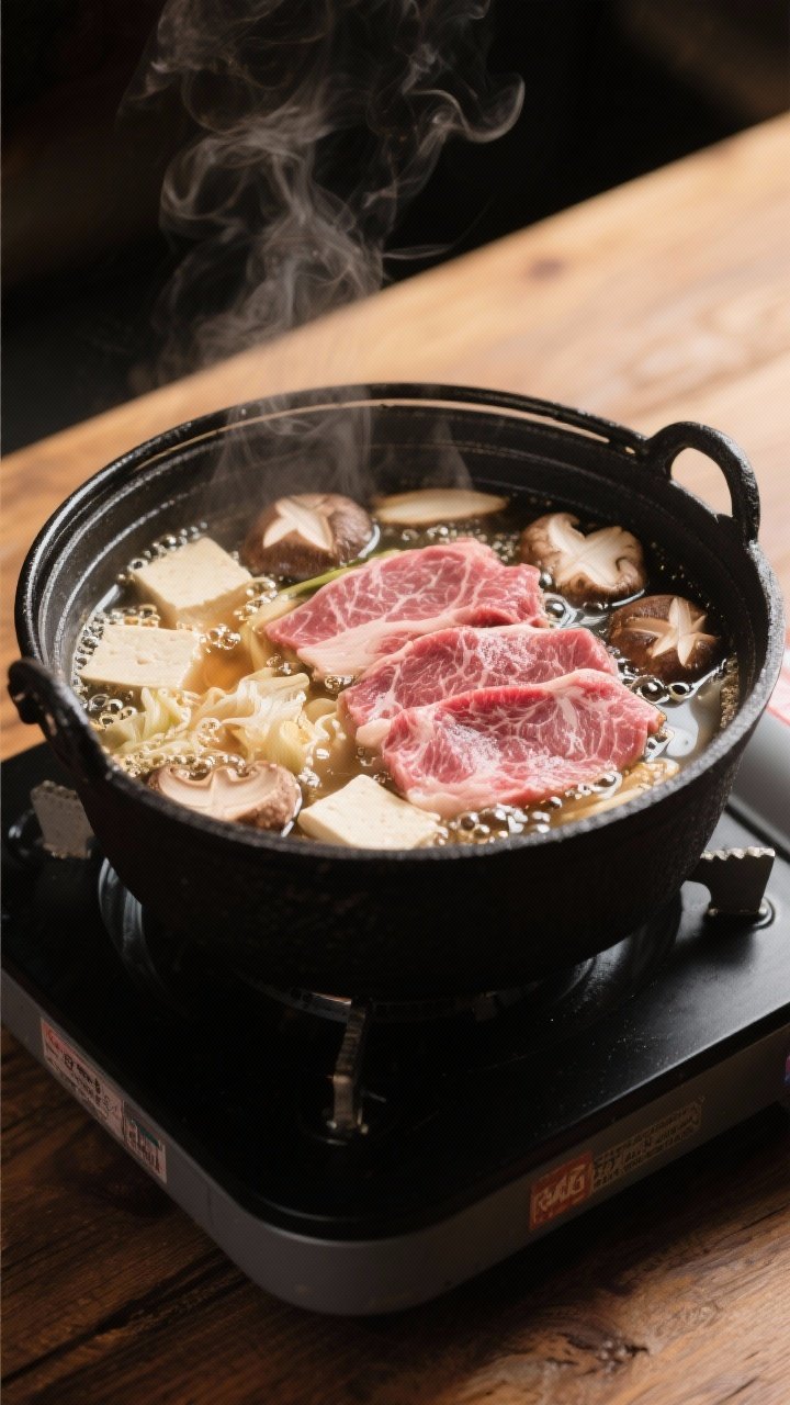 Cooking process: Sukiyaki in mid-simmer with half the pot submerged in glossy warishita; tofu and mu