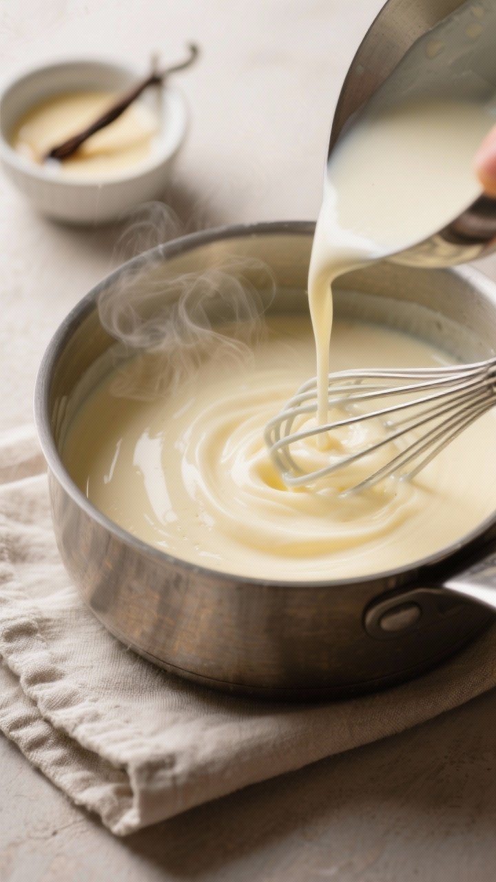 Cooking process: Tempered custard being whisked back into the hot milk in the pan, smooth stream fol
