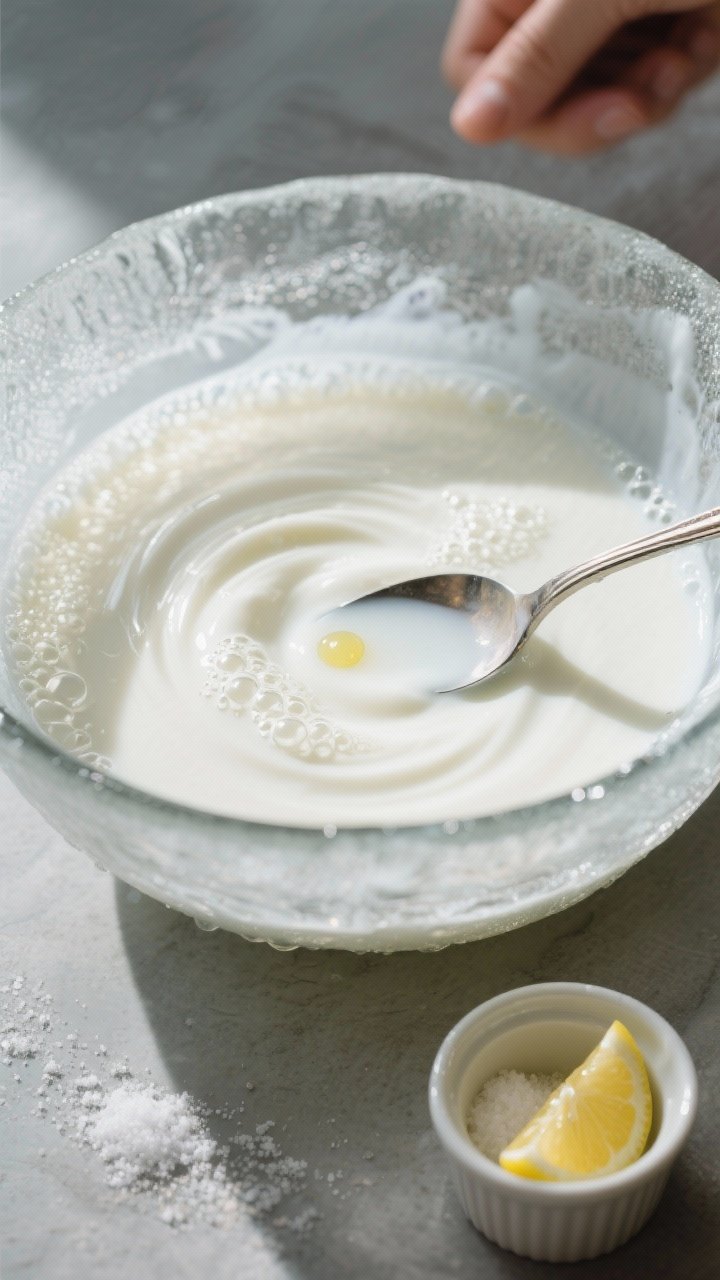 Cooking process: The base being made in a chilled, frosty mixing bowl—milk and Korean milk soda at