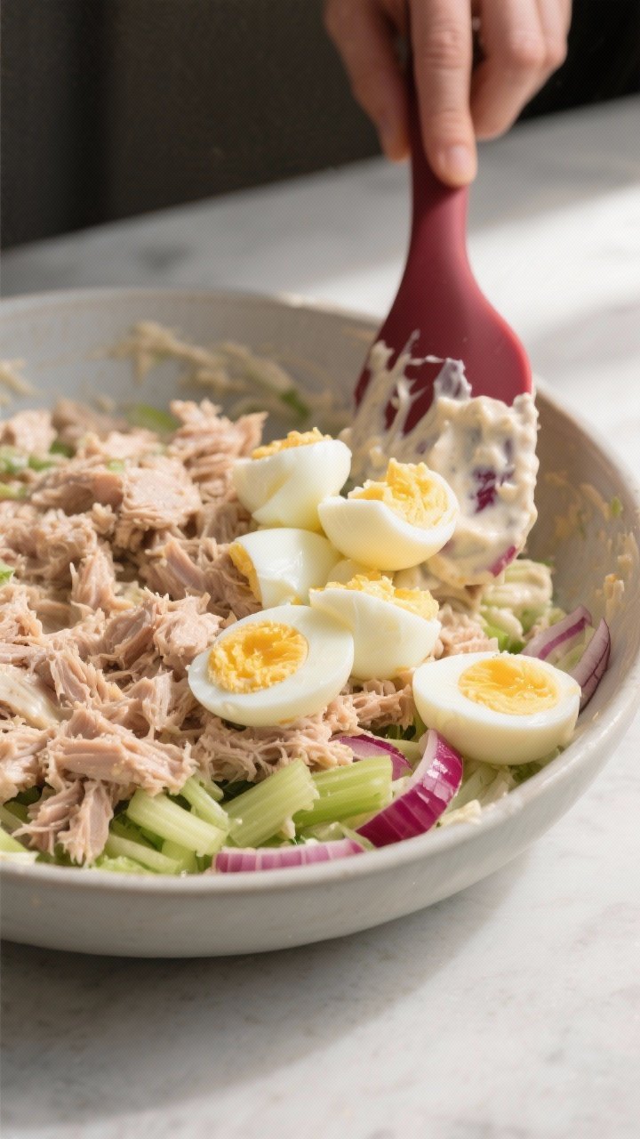 Cooking process: The just-peeled hard-boiled eggs being chopped and folded into the already mixed tu