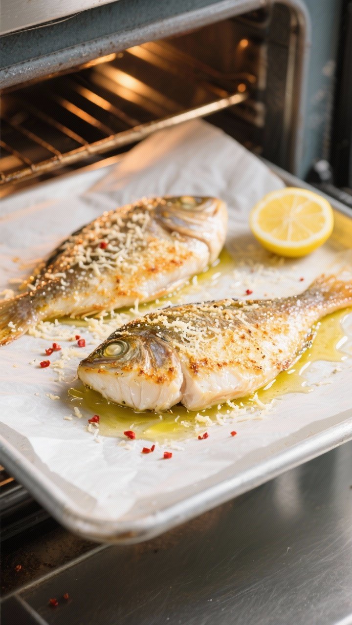 Cooking process: Tilapia fillets on a parchment-lined sheet, coating side up, mid-bake at 425°F—o