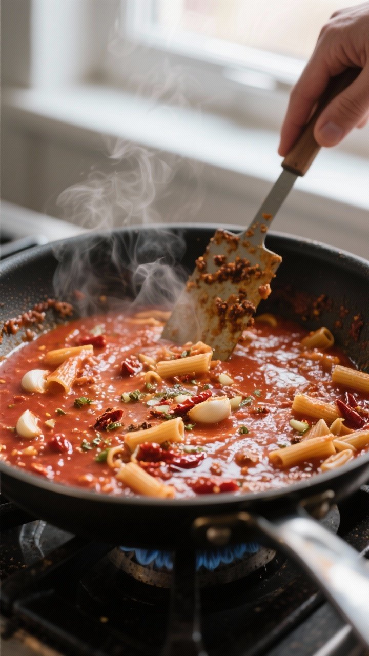 Cooking process: Vodka deglazing step for pasta alla vodka in a large skillet, steam rising as the p