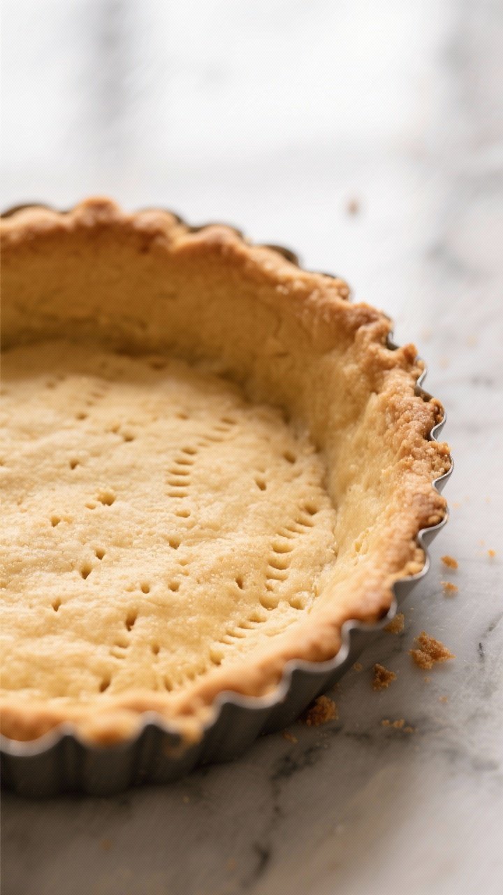 Crust detail shot: Golden, fully blind-baked pâte sucrée shell in a 9-inch fluted tart pan with a 