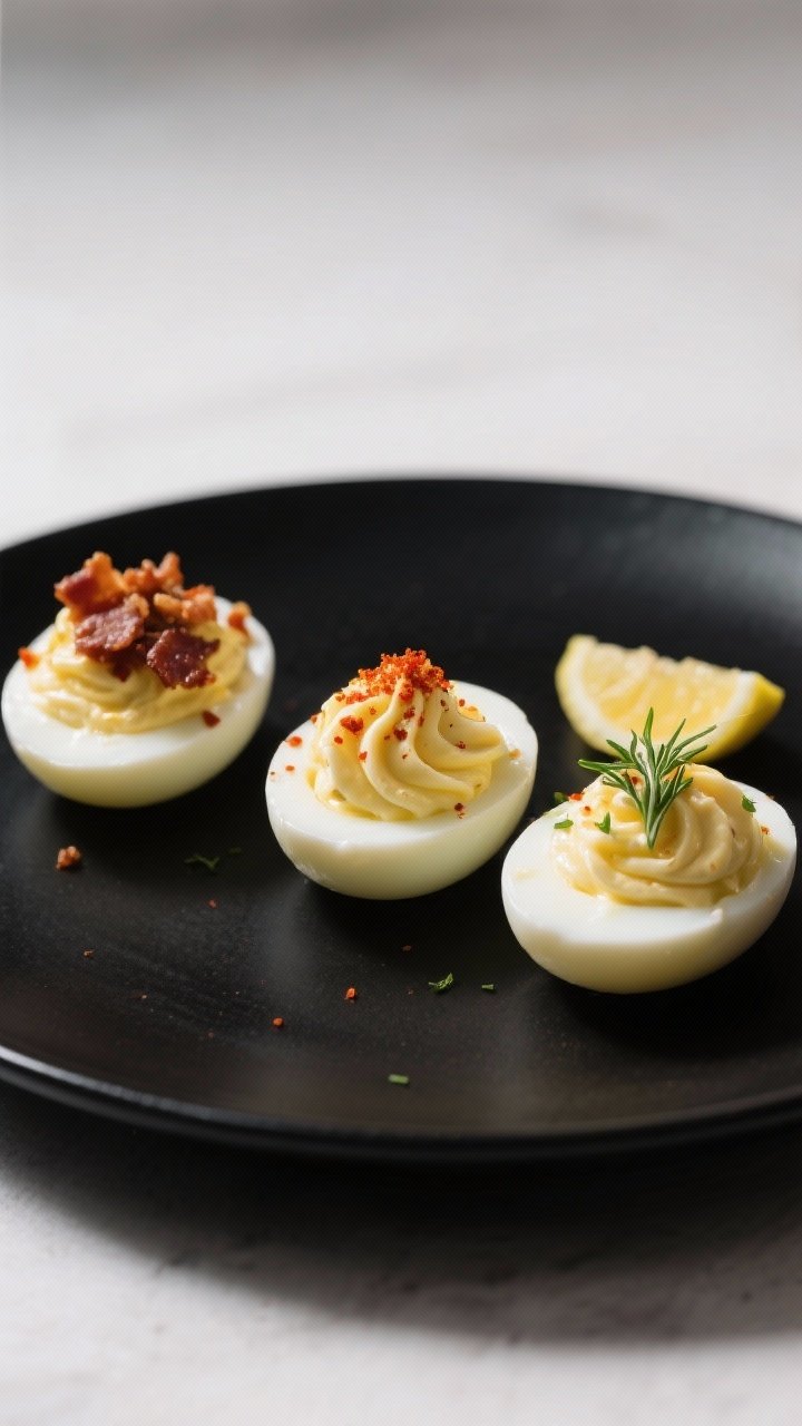 Final dish beauty shot: Three deviled egg halves plated on a matte black plate for dramatic contrast
