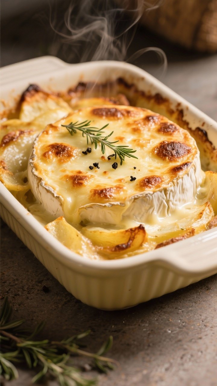 Final dish: Bubbling tartiflette fresh from the oven in a cream-colored baking dish, Reblochon rind 