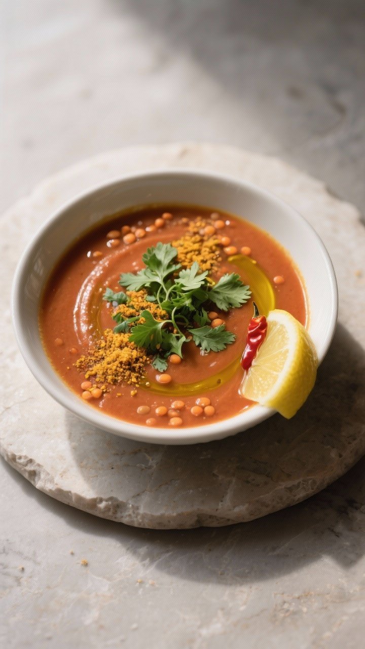 Final dish hero: Restaurant-quality presentation of a single bowl of silky red lentil soup placed on