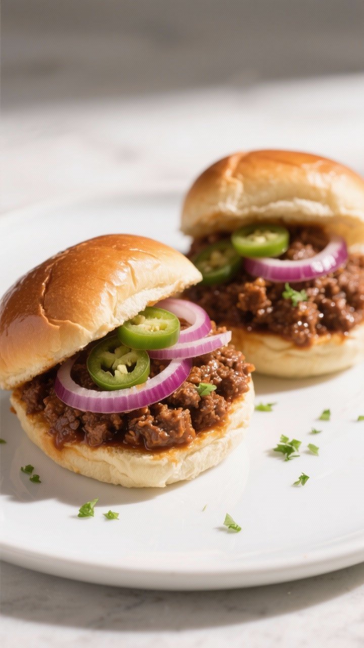 Final dish hero: Restaurant-quality presentation of two Sloppy Joes on a matte white plate, buns lig