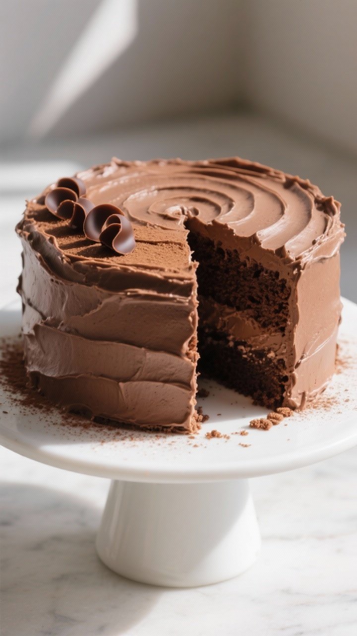 Final dish, layer cake: Beautifully frosted two-layer rich chocolate cake on a matte white cake stan