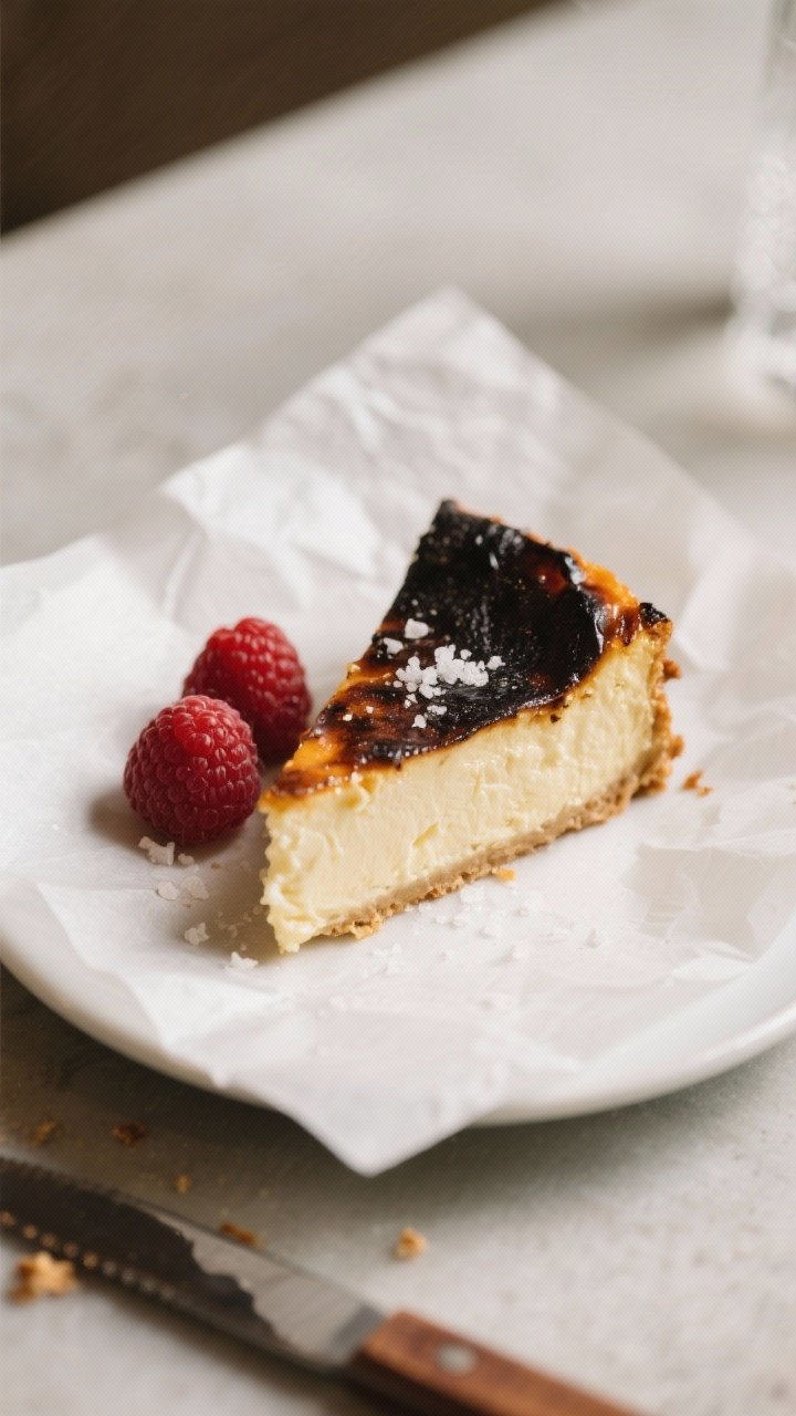 Final dish plated: A chilled slice of Burnt Basque Cheesecake served on a matte white plate, parchme