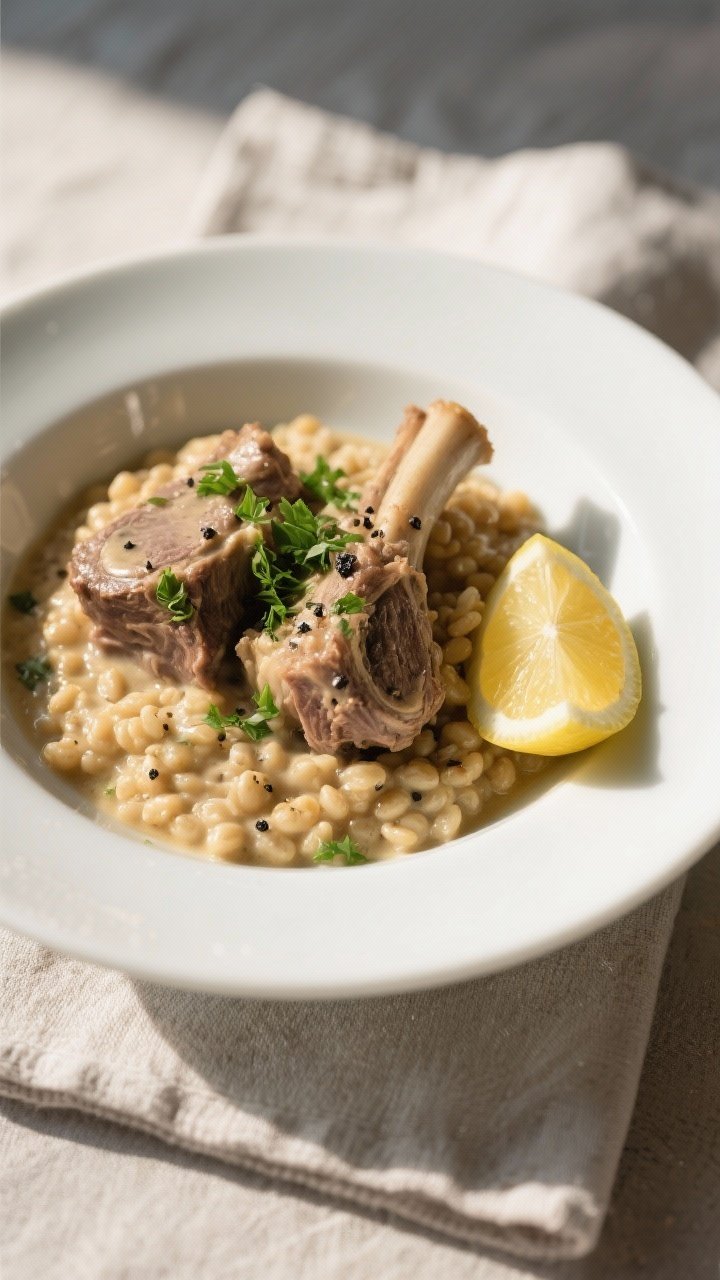 Final dish plated: Beautifully plated Creamy Lamb Knuckles & Samp in a deep white bowl—creamy, vel