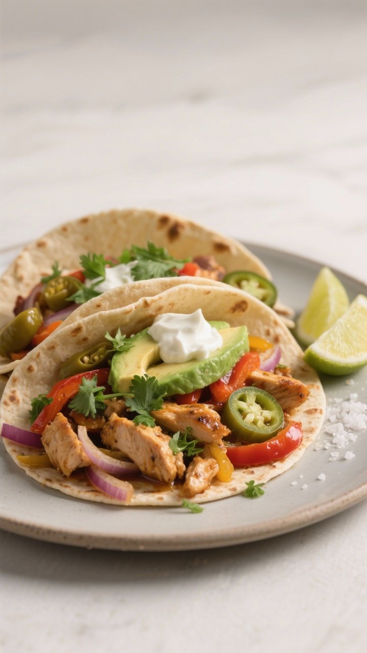 Final dish plated: Restaurant-quality chicken fajitas assembled in warm flour tortillas on a matte c