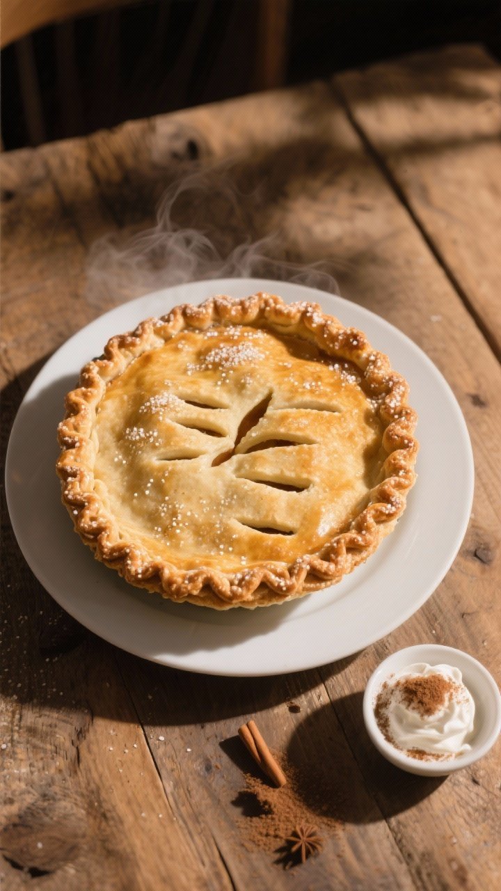Final dish presentation: A beautifully baked classic apple pie with an even, golden top crust and ne