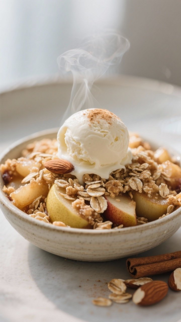 Final dish presentation: A beautifully plated apple-pear crisp served warm in a shallow ceramic bowl