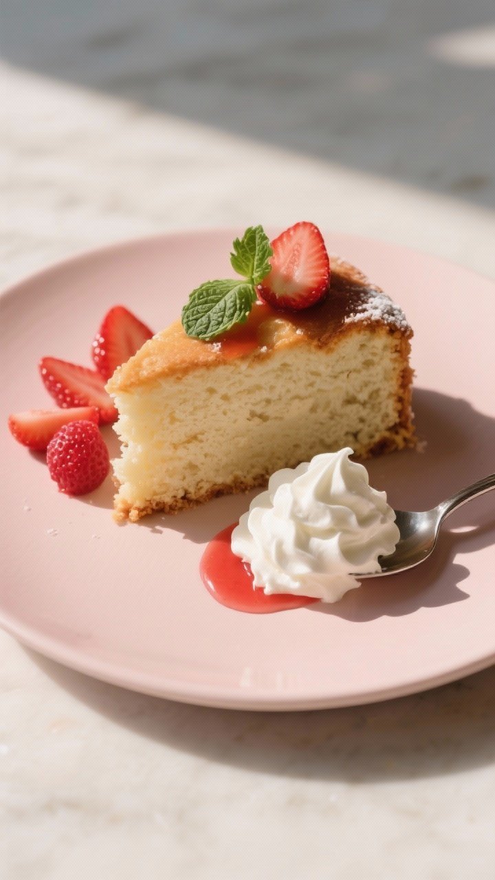 Final dish presentation: A generous plated serving of the cake on a matte blush-toned dessert plate,