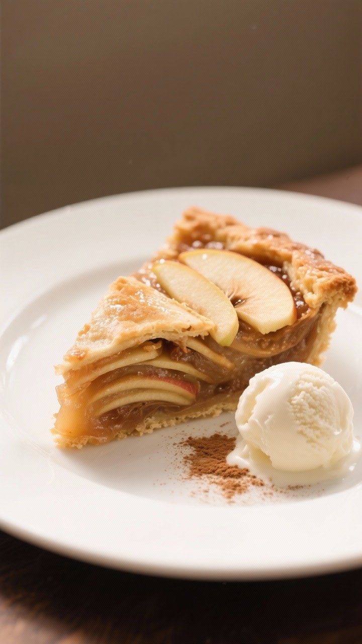 Final dish presentation: A perfectly sliced wedge of apple pie on a simple white plate, the filling 