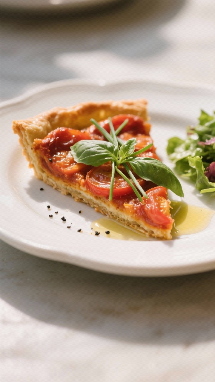Final dish presentation: A single plated slice of Southern tomato pie on a white ceramic plate, garn