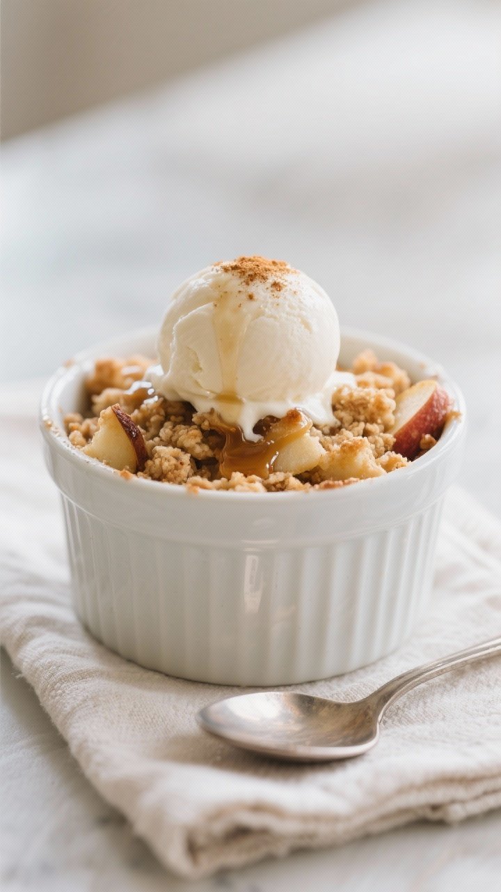 Final dish presentation: A single-serving apple crisp in a white stoneware ramekin topped with a per