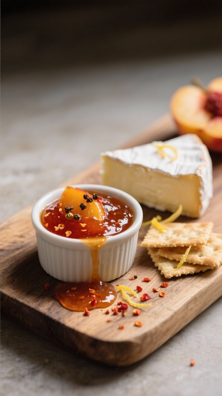 Final dish presentation: A small ramekin of peach pepper jam on a rustic wooden board, paired with s