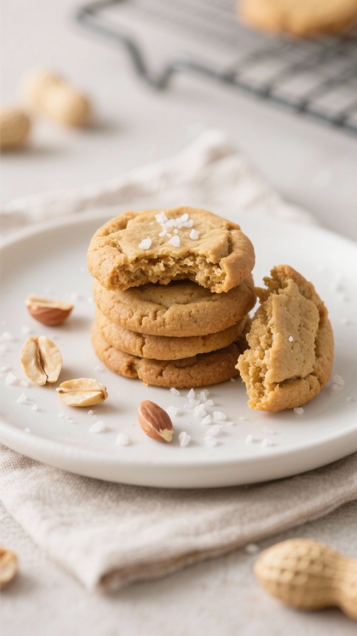 Final dish presentation: A small stack of soft, chewy peanut butter cookies on a matte white plate w