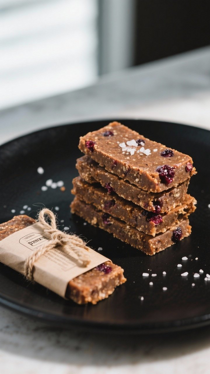 Final dish presentation: Beautifully formed pemmican bars stacked neatly on a matte black plate, eac