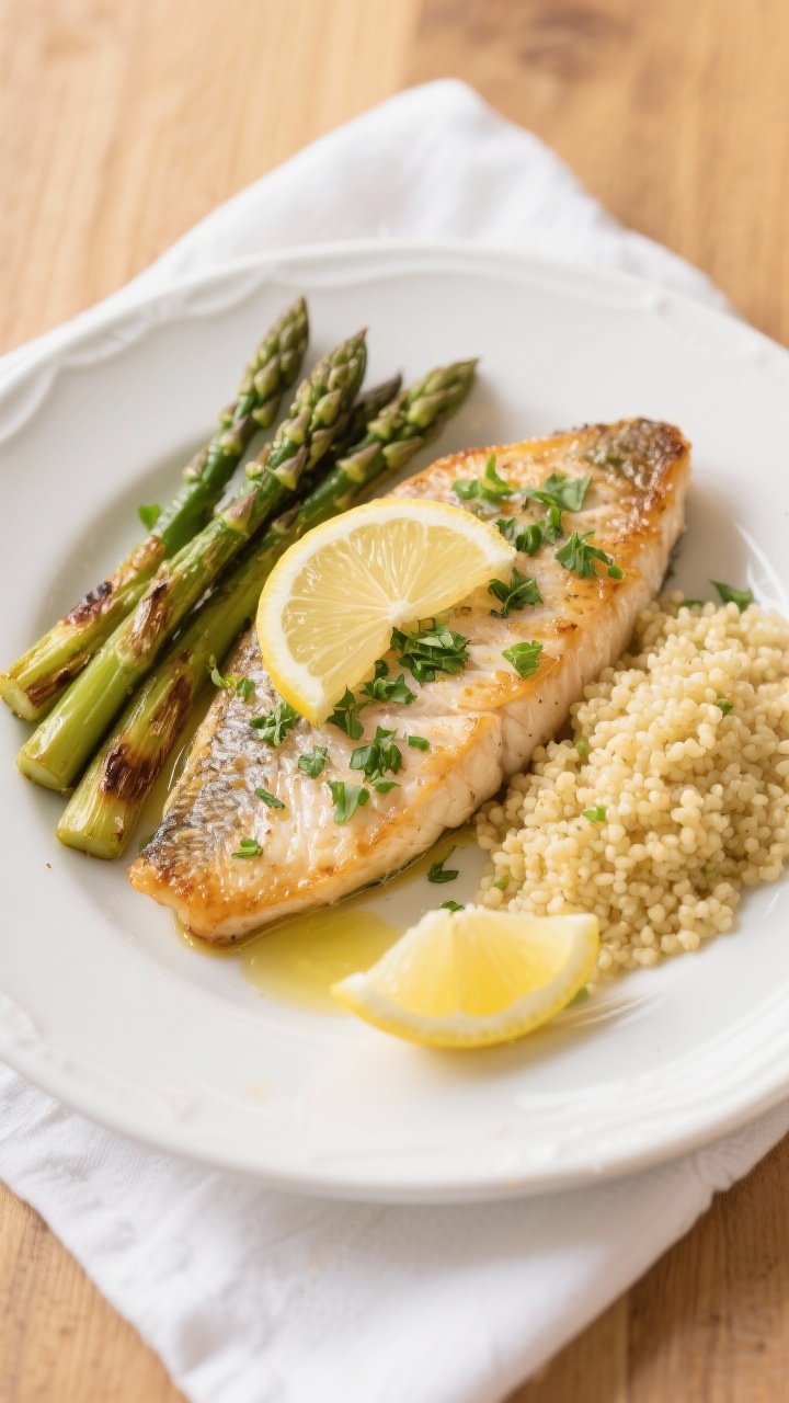 Final dish presentation: Beautifully plated air fryer tilapia on a white ceramic plate, topped with 