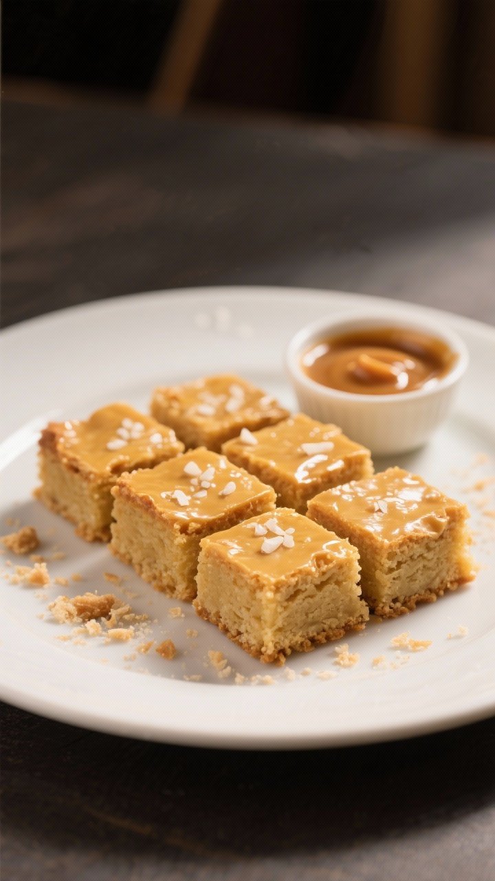 Final dish presentation: Beautifully plated classic blondie squares on a matte white plate, neat cut