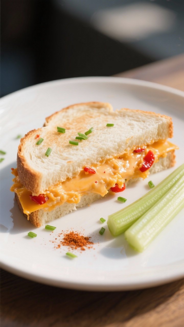 Final dish presentation: Beautifully plated pimento cheese sandwich—thick, generous layer spread b