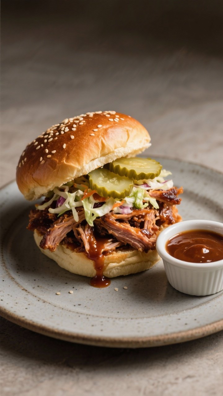 Final dish presentation: Beautifully plated pulled pork sandwich on a toasted brioche bun, piled hig