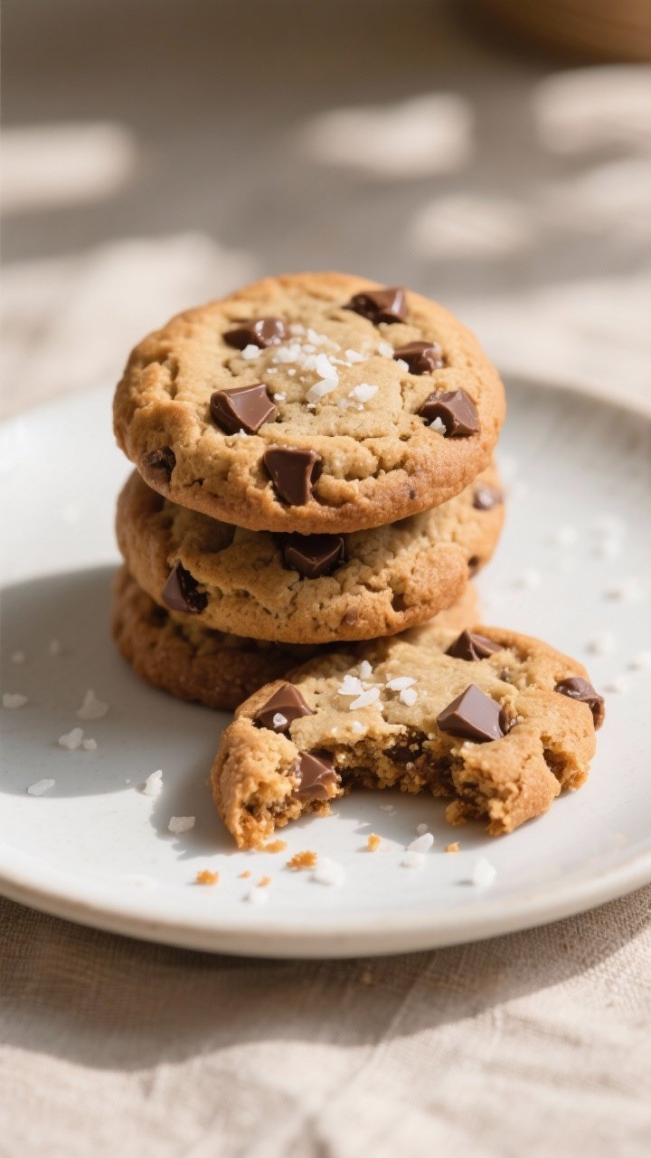 Final dish presentation: Beautifully plated stack of three soft, chewy chocolate chip cookies on a m