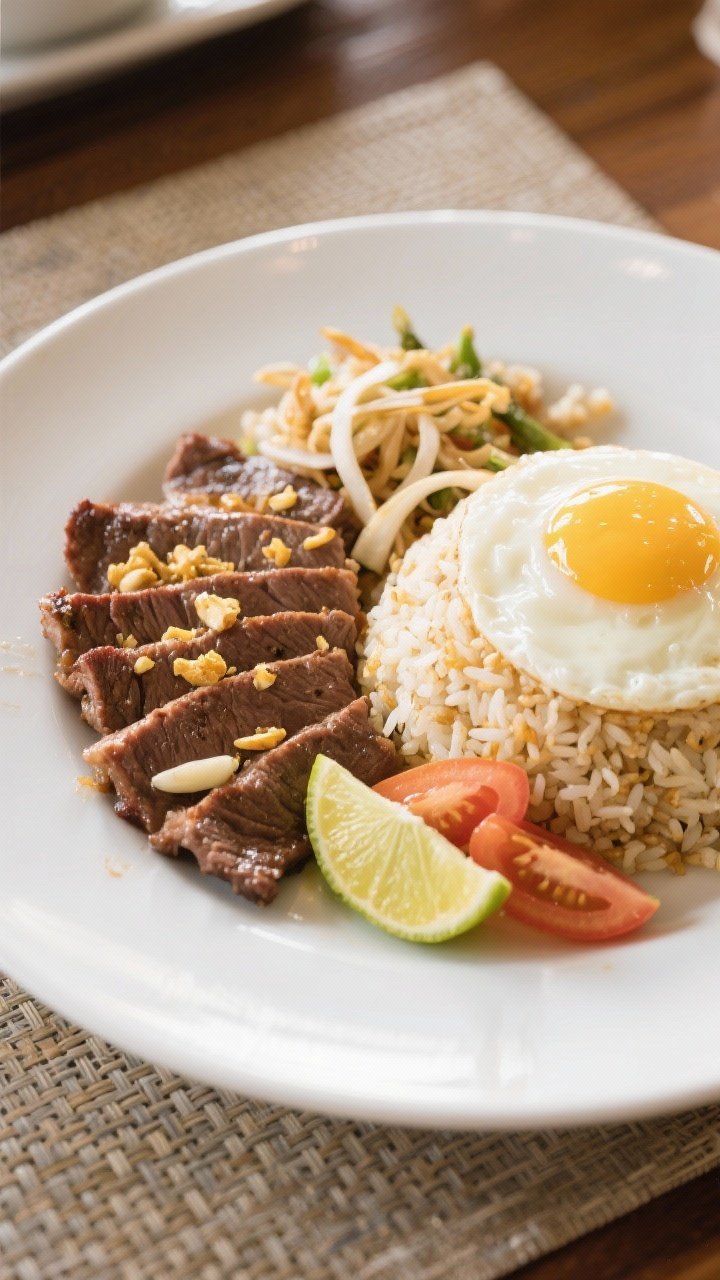 Final dish presentation: Beautifully plated tapsilog—beef tapa fanned beside a neat mound of garli