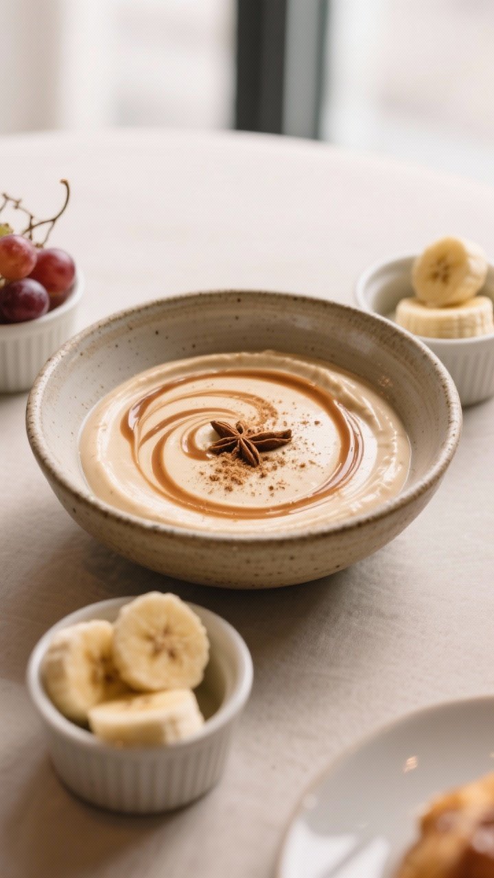 Final dish presentation: Elegant brunch setup—Maple-Vanilla dip in a shallow stoneware bowl with a
